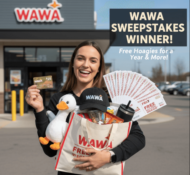 An Image showing the winner with Wawa gifts.