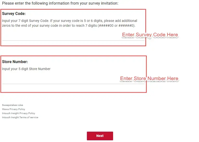 Enter info such as survey code and store number on the homepage to start the survey.