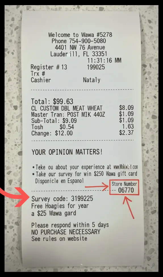 An annotated Wawa receipt showing where to find the survey code and store number for the mywawavisit survey.